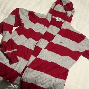Women’s Lacoste cashmere / cotton red gray striped zip up sweater hoodie size 42